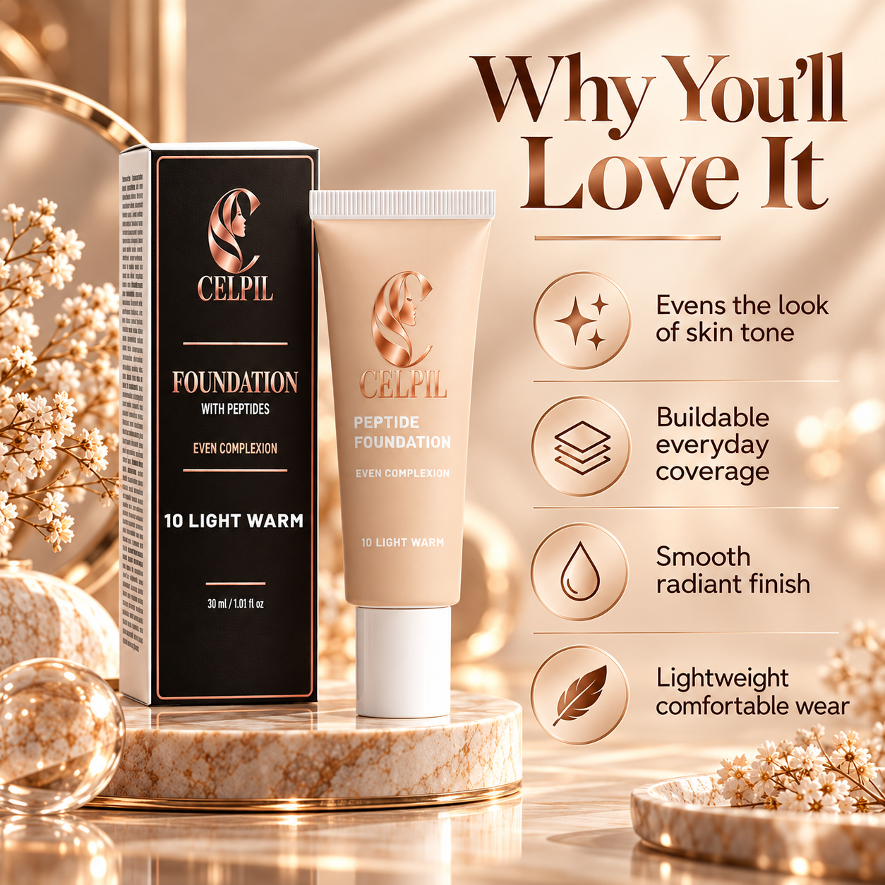 Foundation with Peptides, 10 Light Warm - Image 3