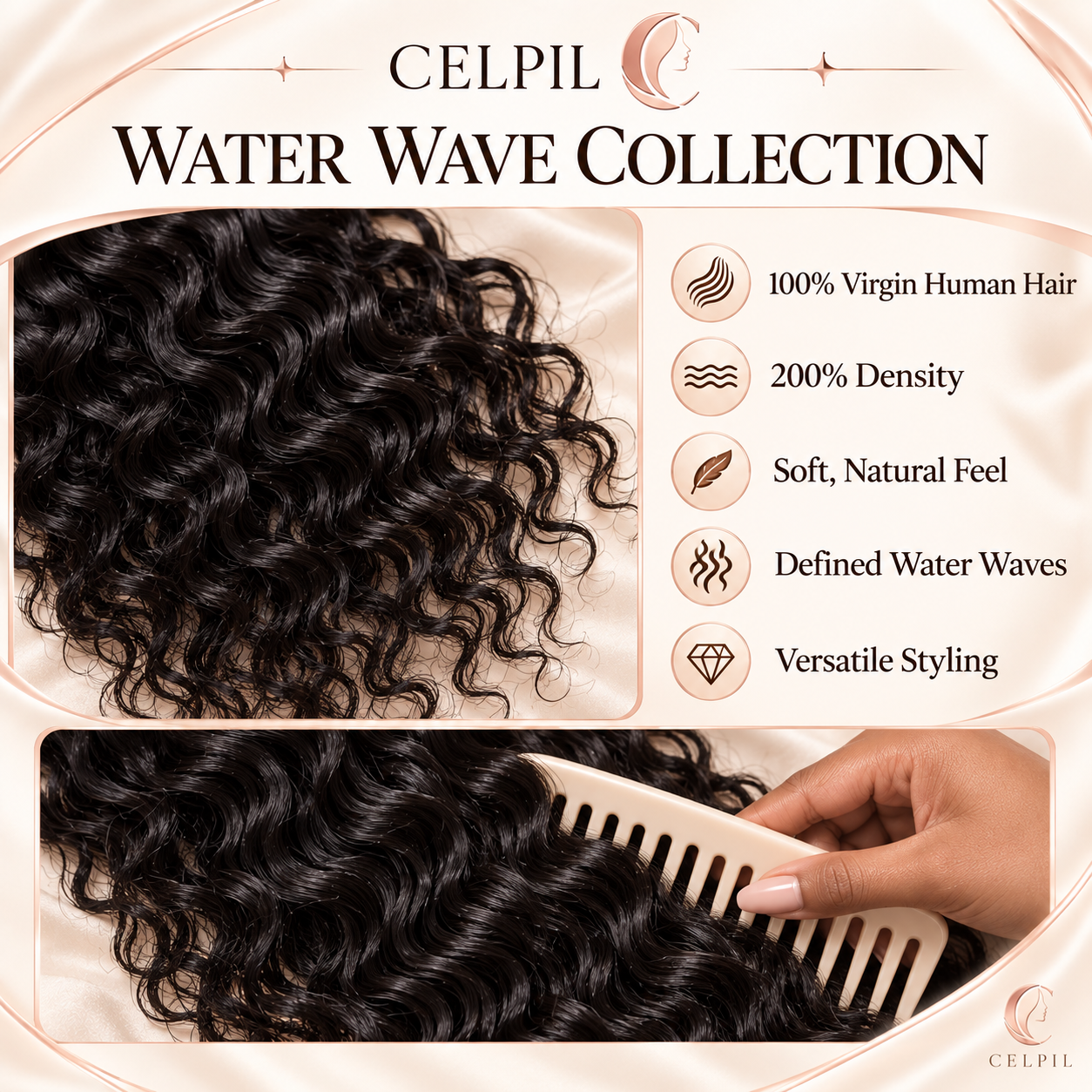 CELPIL Water Wave Lace Wig – 100% Virgin Human Hair – 200% Density - Image 6
