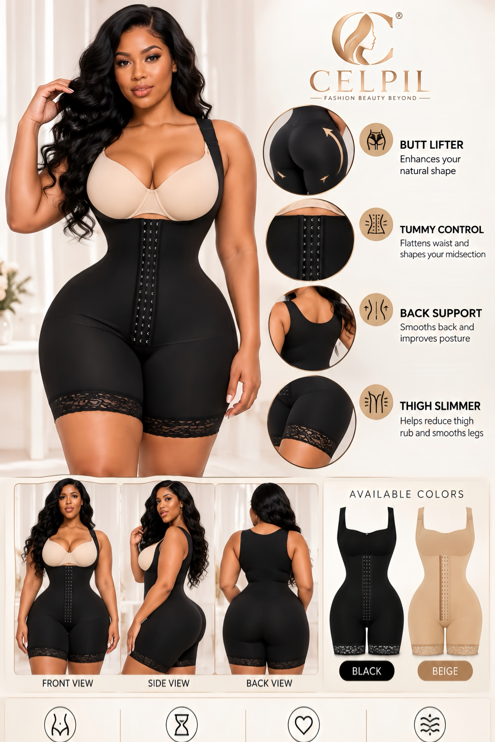 CELPIL Open-Bust Full Body Faja Shaper with Front Hooks & Lace Shorts - Image 8