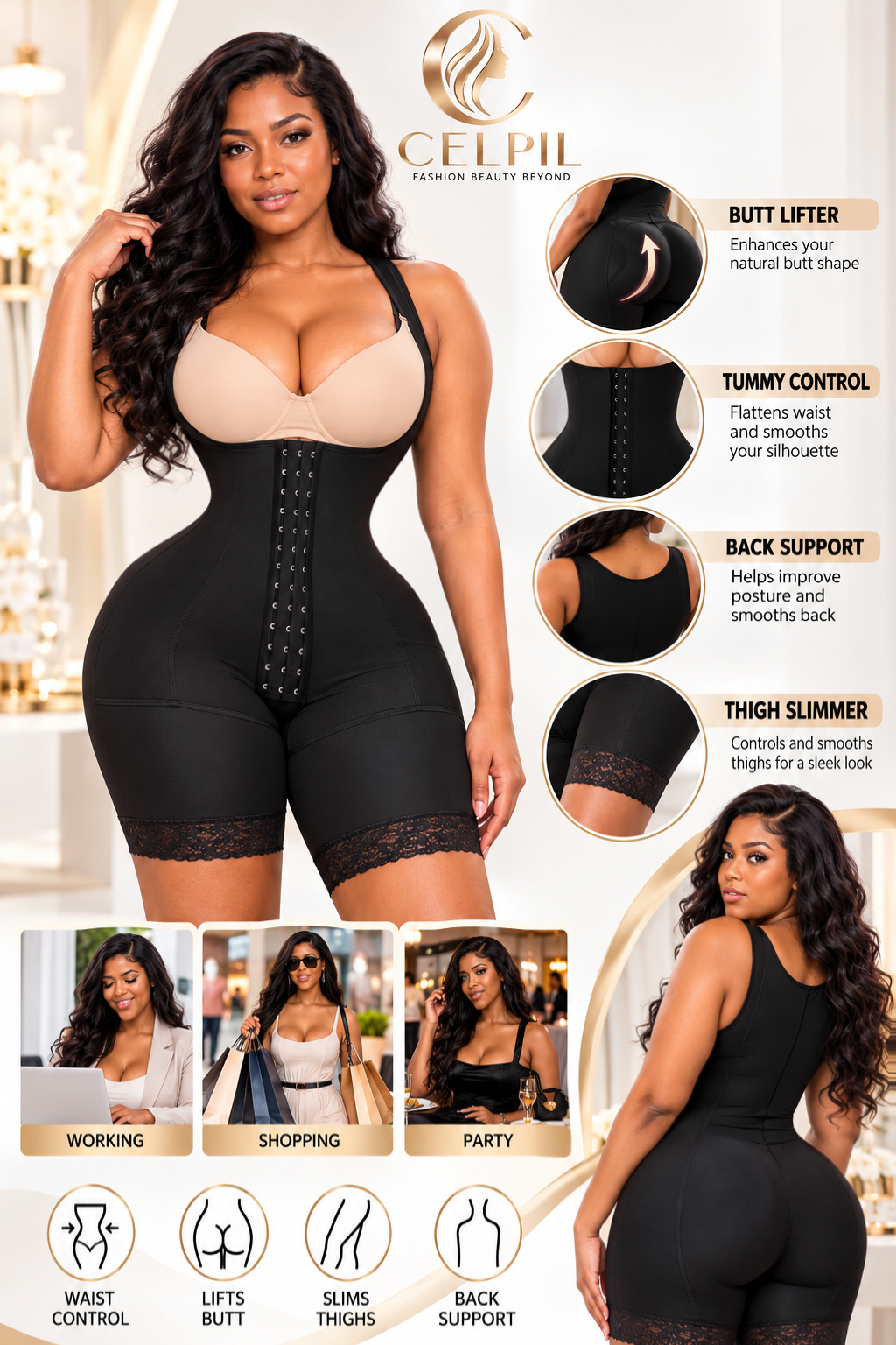 CELPIL Open-Bust Full Body Faja Shaper with Front Hooks & Lace Shorts - Image 3